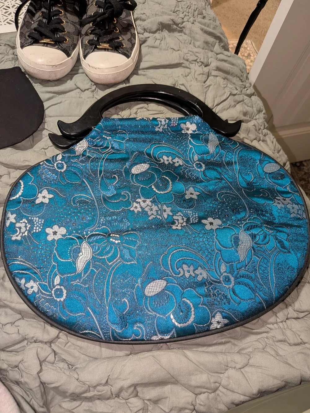 Teal Floral Satin Handled Carrying Case - Unbranded